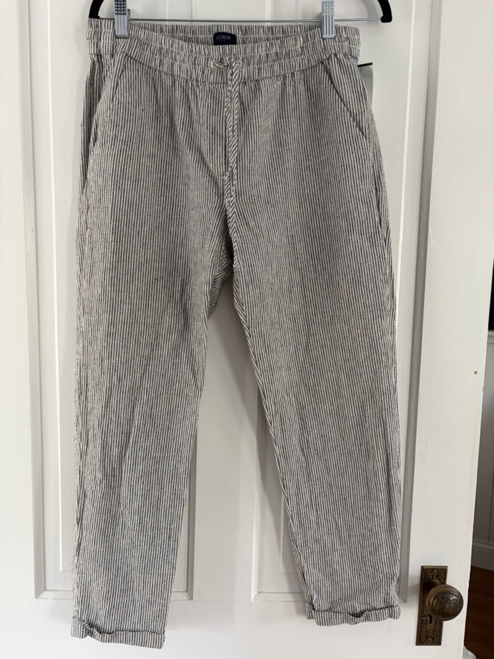 J. Crew Black & White Linen Blend Stripe Elastic Waist Pants Small